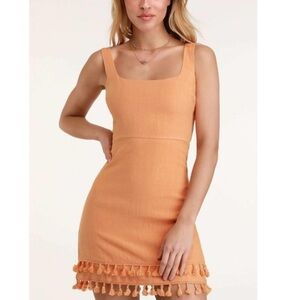 Feel The Sun Shine Washed Orange Tassel Hem Sleeveless Dress NWT